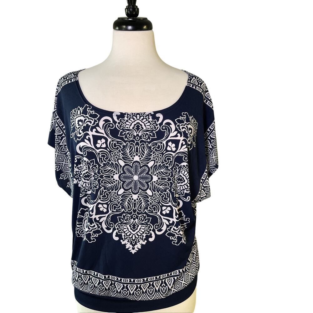 Agenda Petite Small Navy And White BOHO Print Blouse